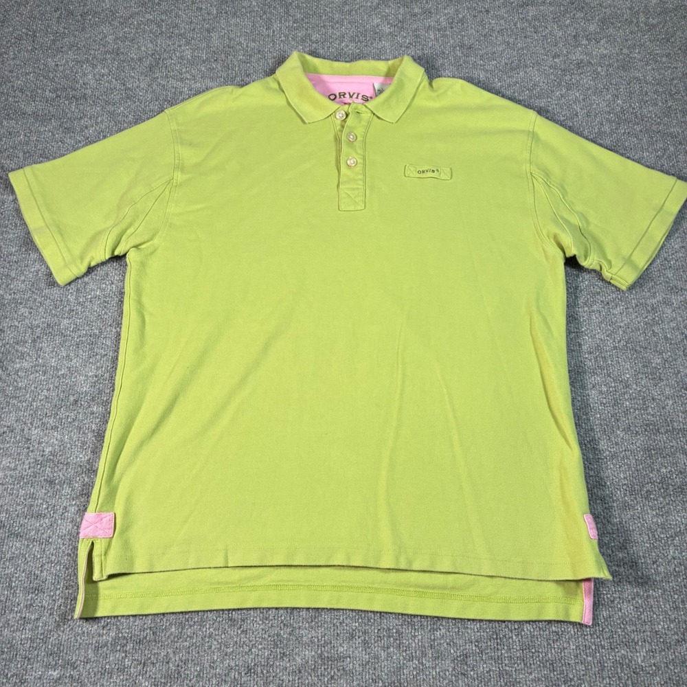 Orvis Polo Shirt Mens L Lime Green Cotton Pique Short Sleeve Outdoor Casual Logo
